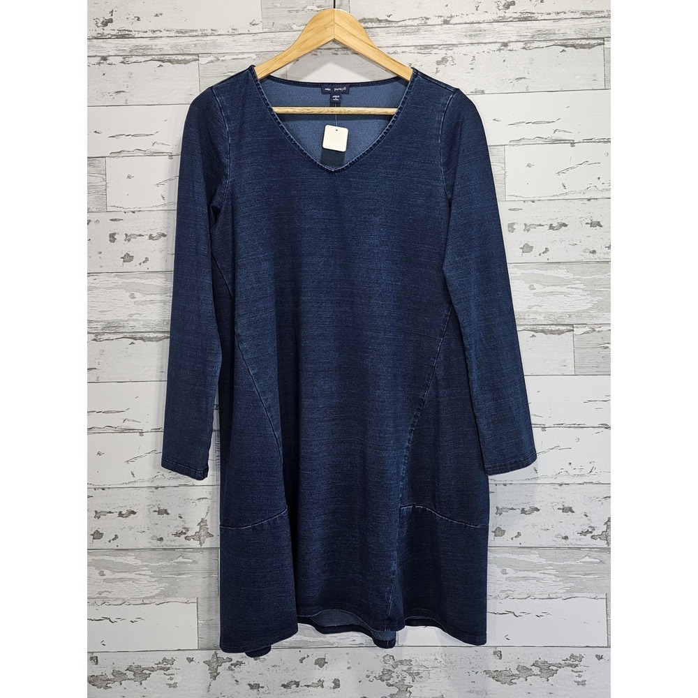 Indigo Pure Jill Blue Lyocell V-Neck Long Sleeve Knit Dress Womens S Petite